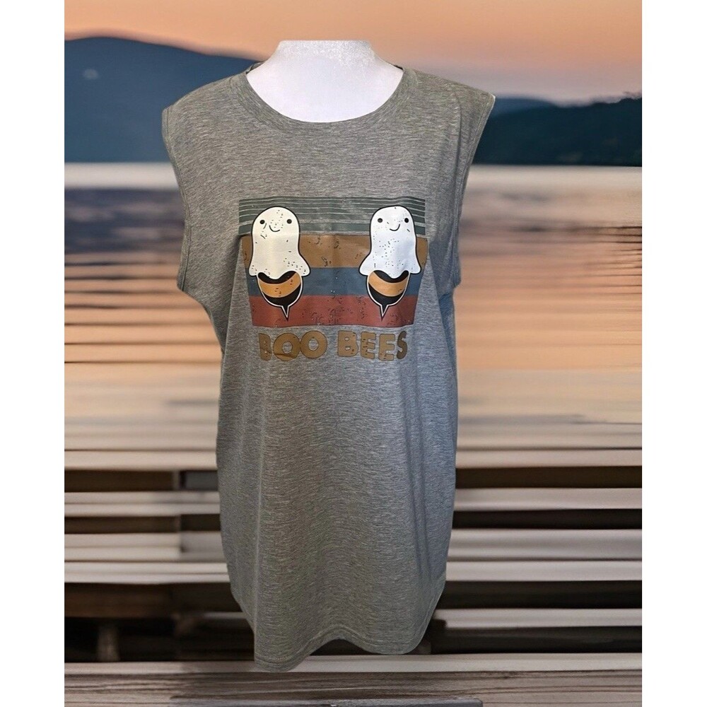 Boo Bees Womens Halloween Ghost & Bees Graphic Novelty Gray Sleeveless Tshirt XL